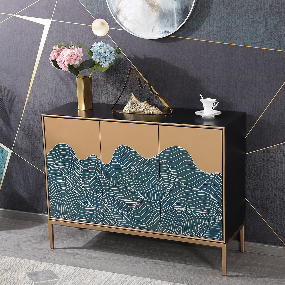

59" Gold Wave Lines Green&Black Buffet 4-Door 4-Shelf Sideboard Cabinet in Large