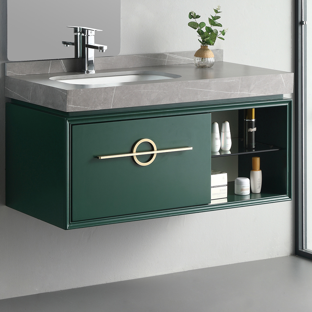 Green Floating Bathroom Vanity Stone Top Ceramics Undermount 1 Drawer & ShelfHomary