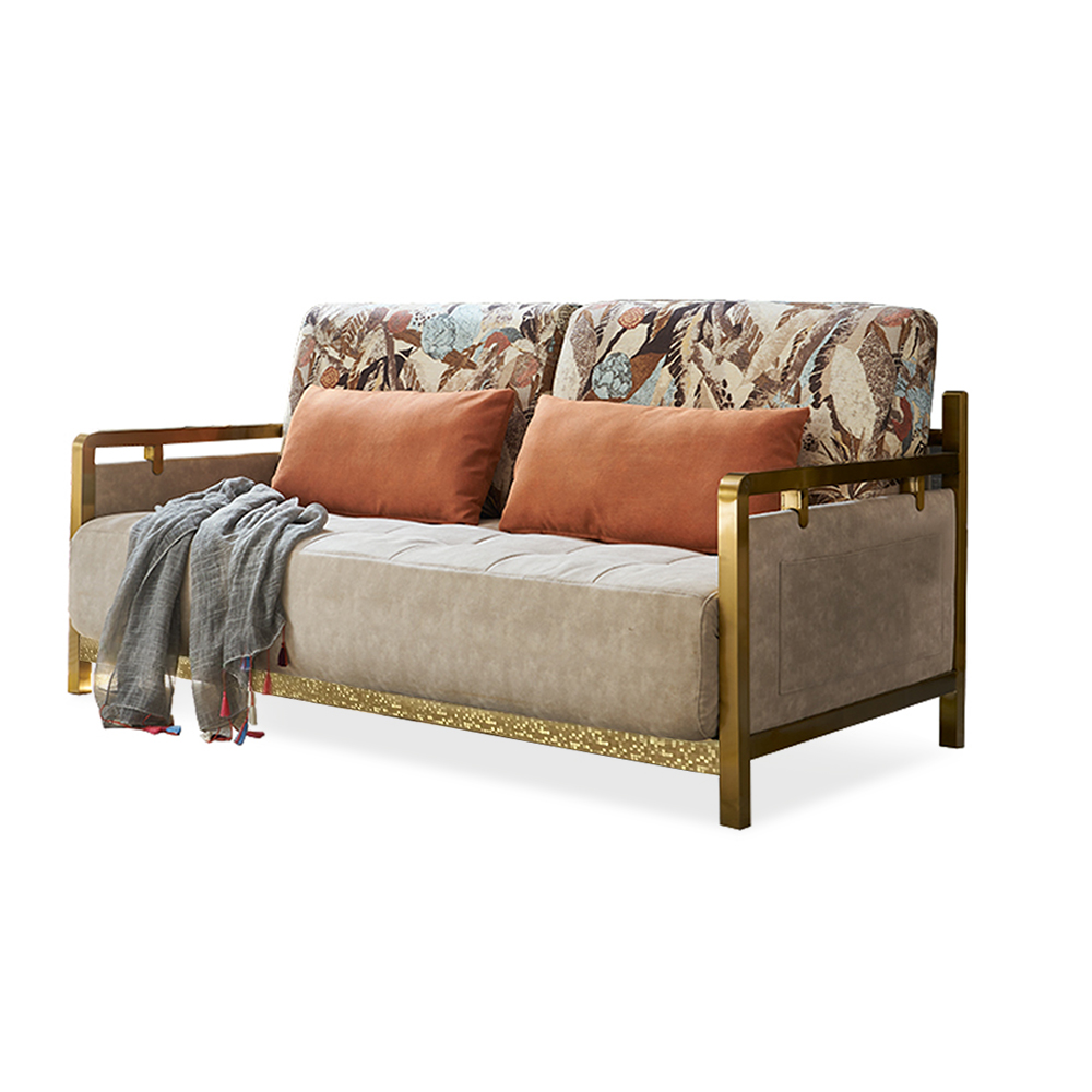 Modern Queen Convertible Sleeper Sofa Gold Metal Beige Upholstered Sofa Bed Pillow Included