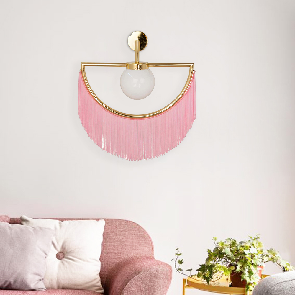 

1-Light Orb Wall Scone with Pink Fringes Macrame and Gold Tones Hanging