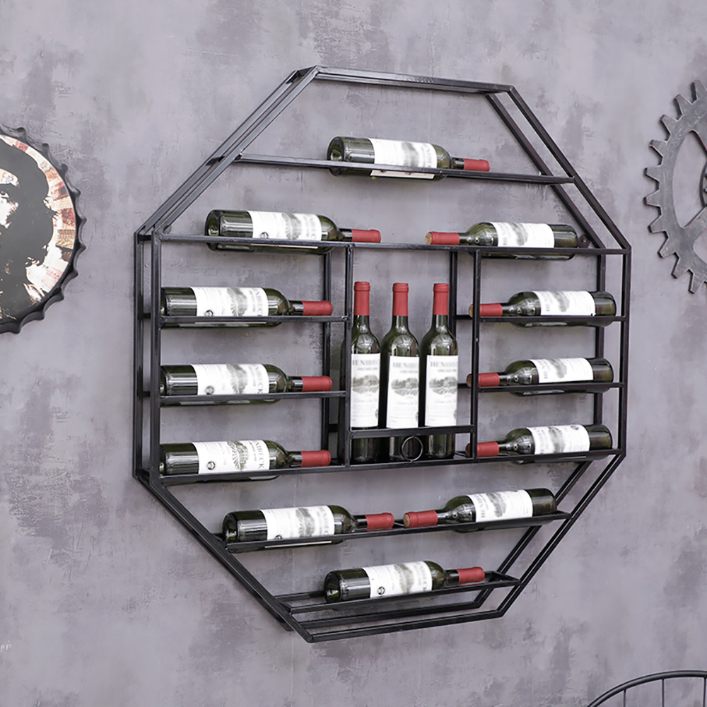 Industrial Black Octagonal Wall Mounted Wine Rack Wine Shelf in Steel
