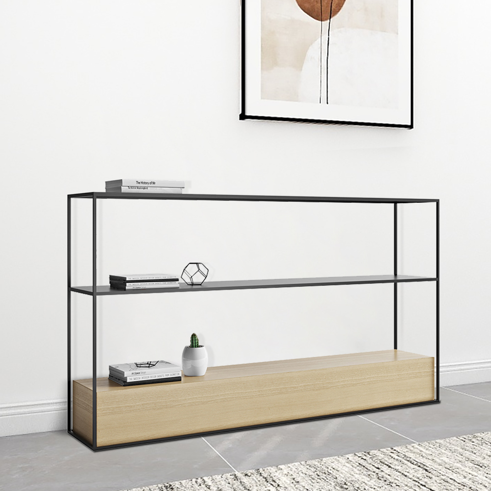 47.2" Minimalist Rectangular Metal Console Table With Wooden Storage In Black