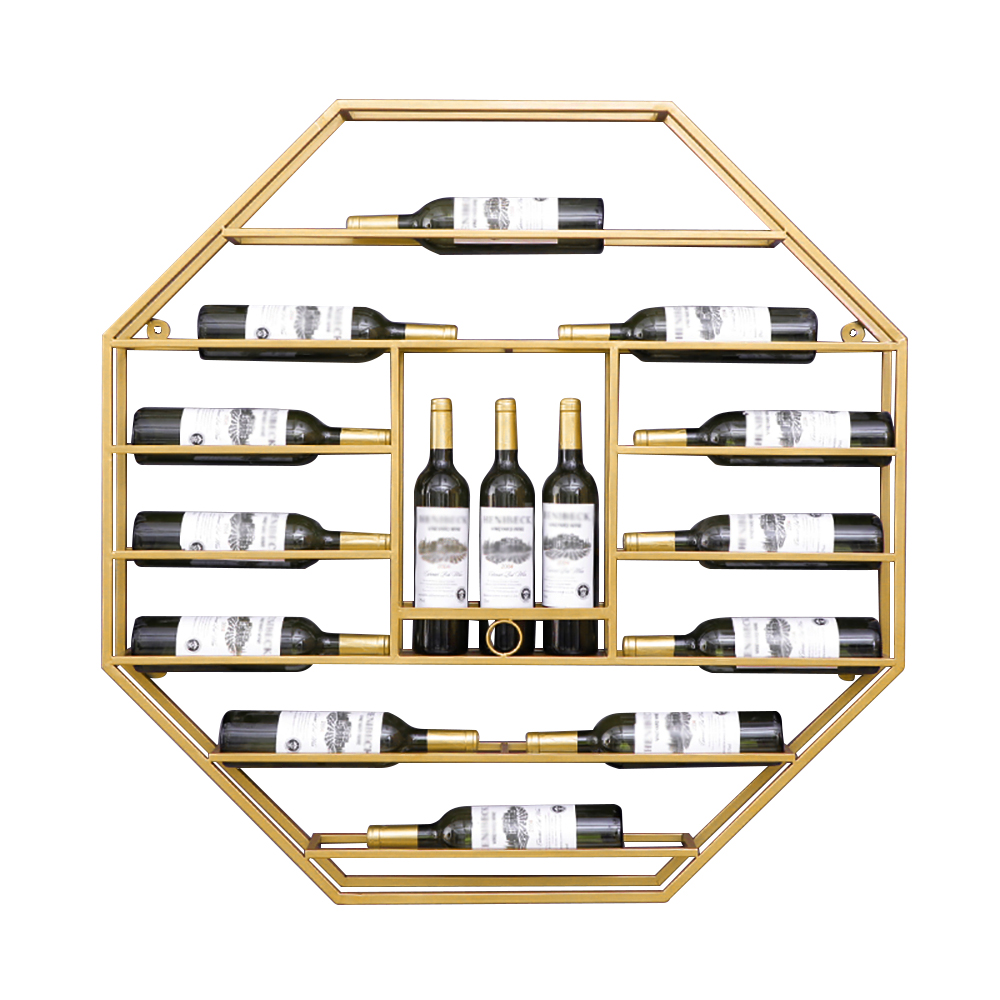 Industrial Gold Octagonal Wall Mounted Wine Rack Wine Shelf in Steel