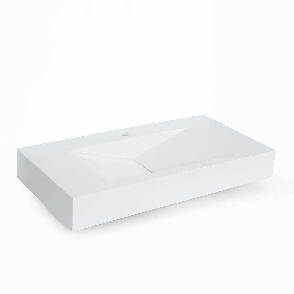 Glossy White Wall-Mount Floating Sink Solid Surface Stone Resin Bathroom V-Shaped Sink