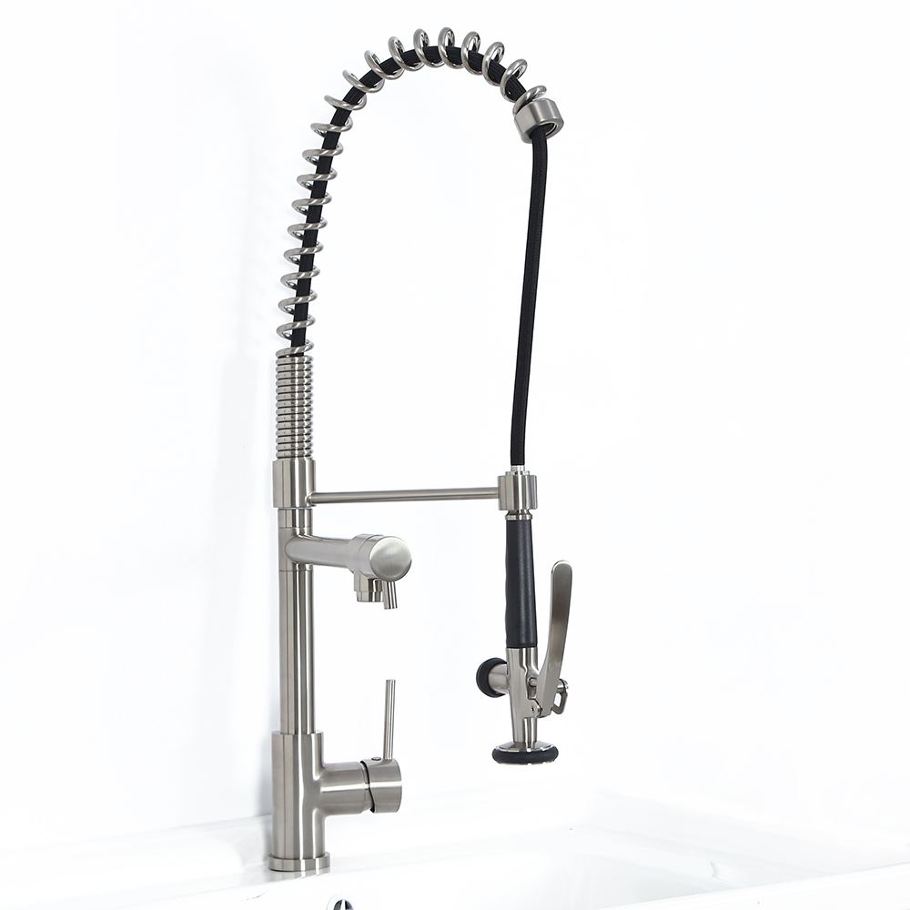 Commercial Pull Down Pre-rinse Spring Sprayer Brushed Nickel Kitchen Sink Faucet with Deck Plate Solid Brass