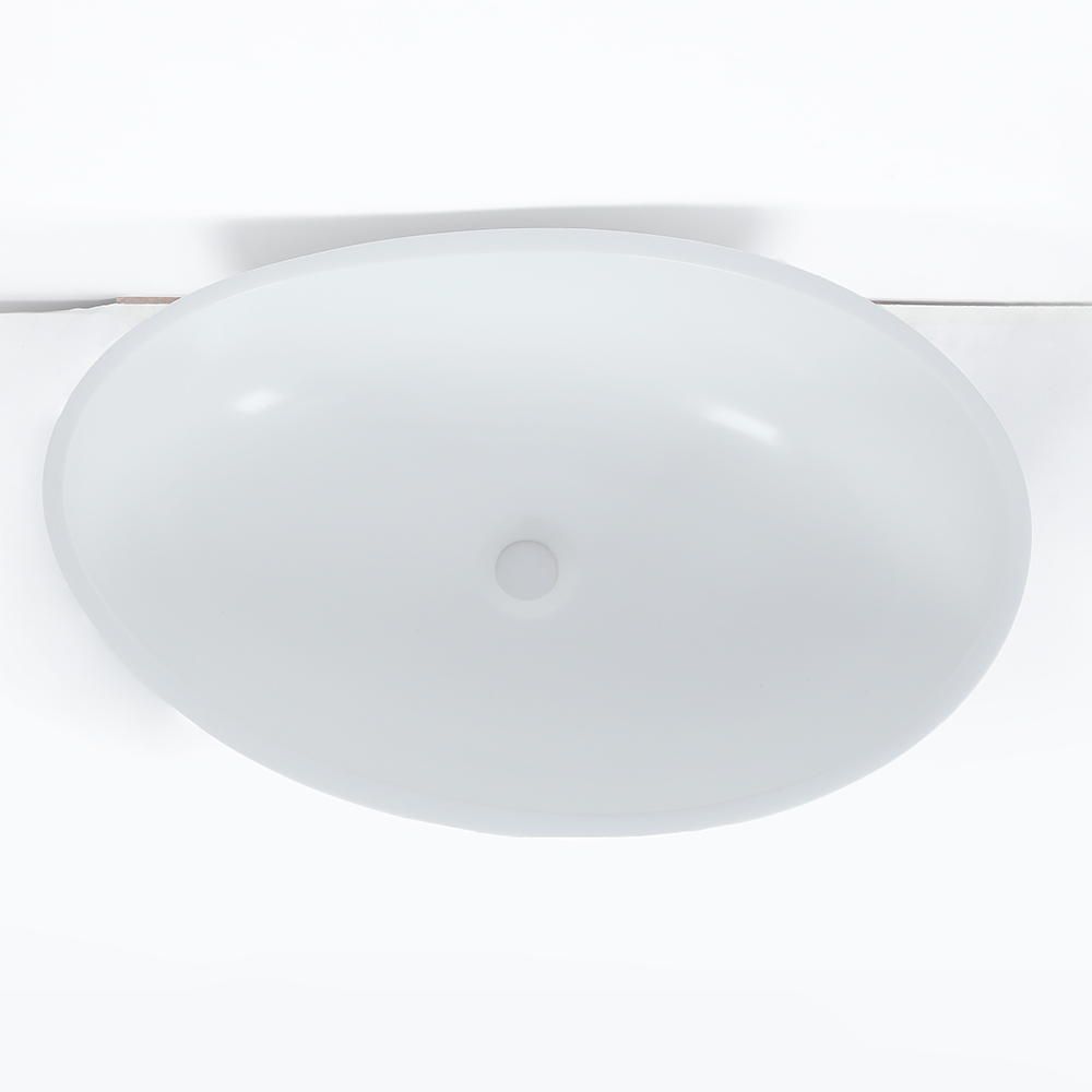 Lavabo de encimera ovalada de resina de piedra de baño blanco brillante con desechos emergentes