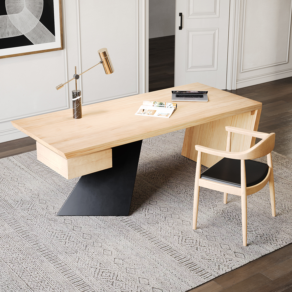 Cabstract 1600mm Industrial Natural Wooden Writing Desk for Office with Drawer Black