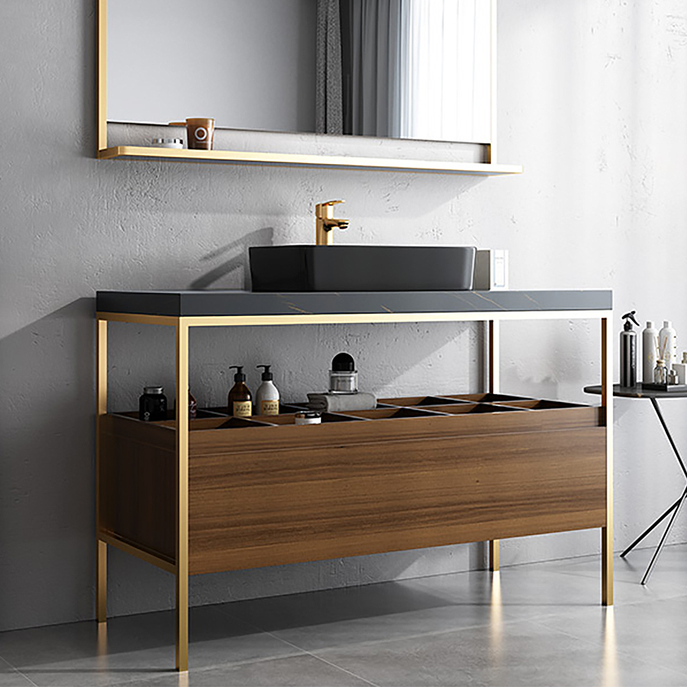 

Free-Standing Walnut Bathroom Vanity Stone Top Ceramics Vessel with Storage