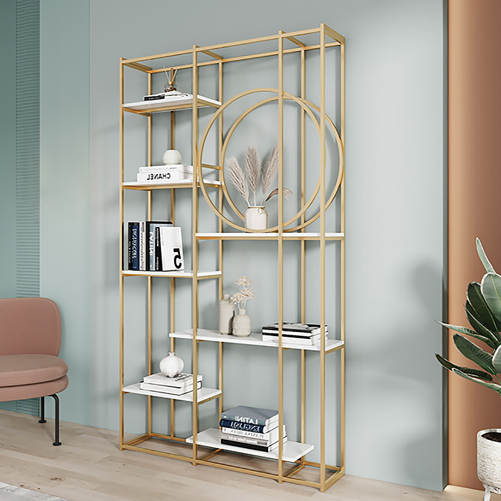 Modern 7-Tier Rectangle Freestanding Geometric Bookshelf in Gold & White