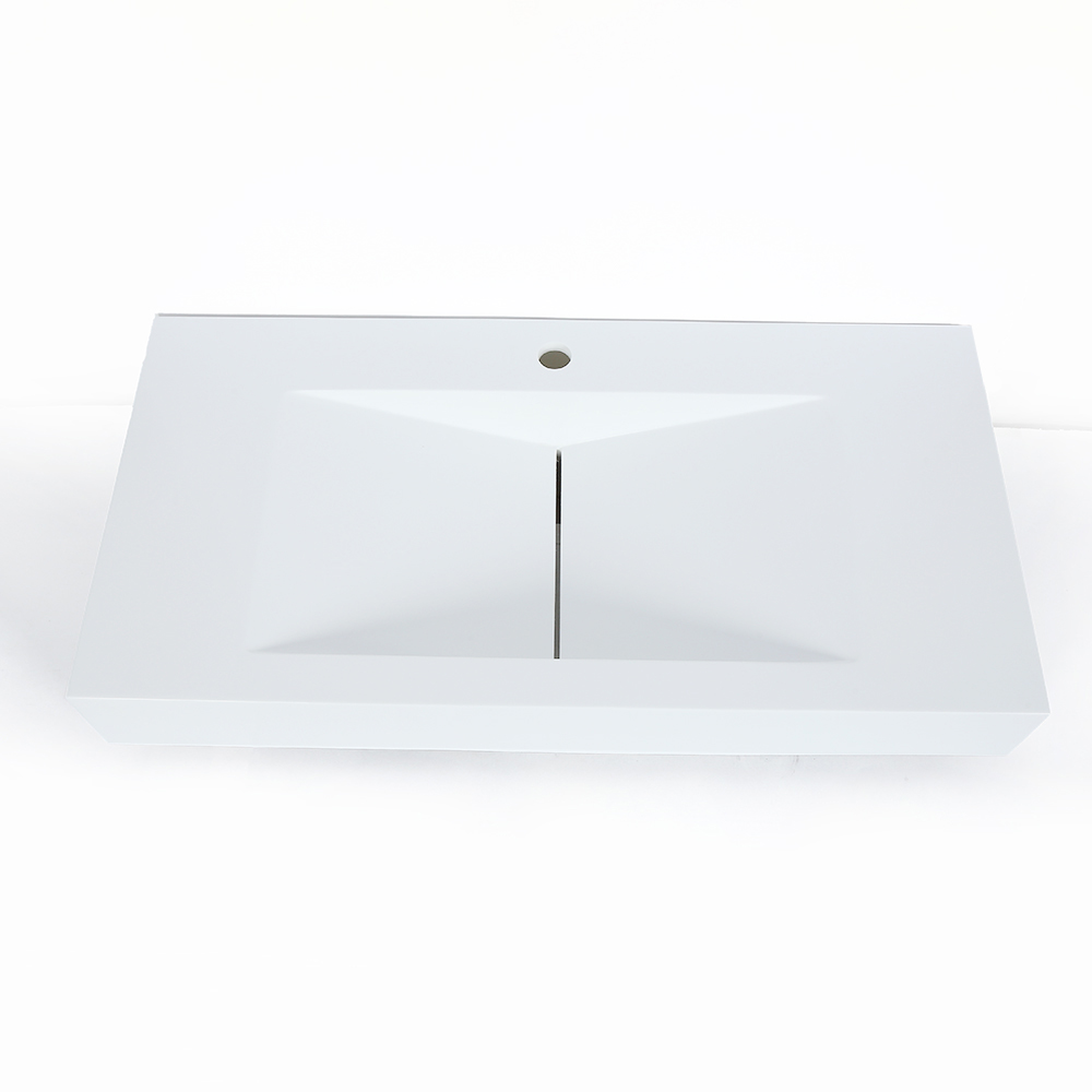 Glossy White Wall-Mount Floating Sink Solid Surface Stone Resin Bathroom V-Shaped Sink