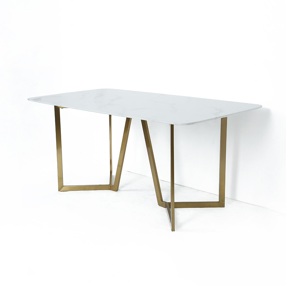 63" Rectangle Modern White Faux Marble Dining Table with Double Pedestal in Gold