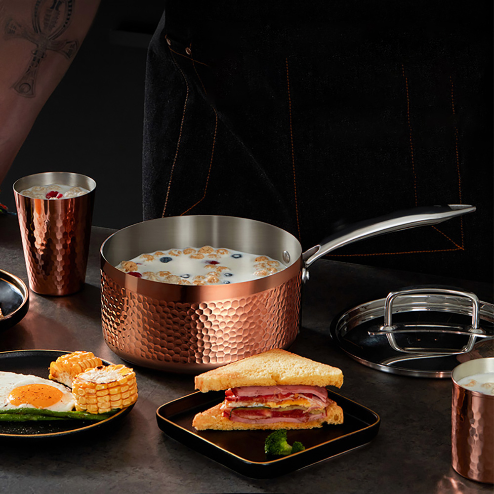 9 Pieces Tri-Ply Bonded Copper Cookware Set Stainless Steel Interior with Hammerpaint