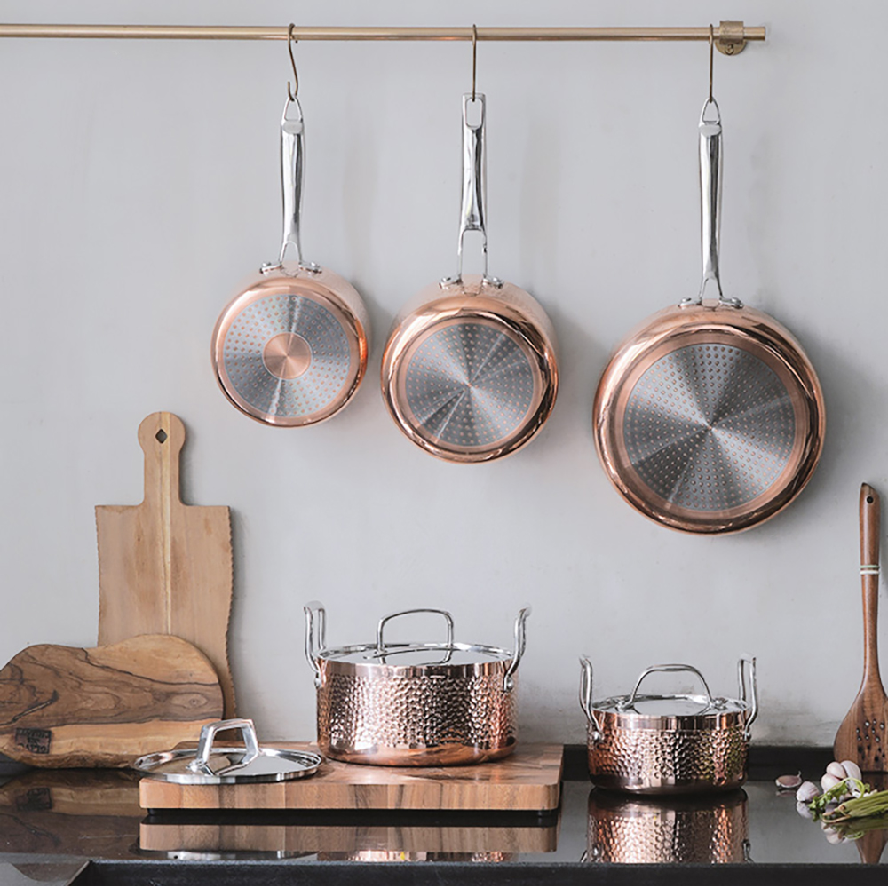 Image of 9 Pieces Tri-Ply Bonded Copper Cookware Set Stainless Steel Interior with Hammerpaint
