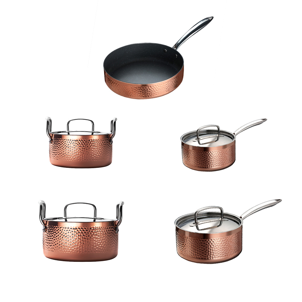 9 Pieces Tri-Ply Bonded Copper Cookware Set Stainless Steel Interior with Hammerpaint