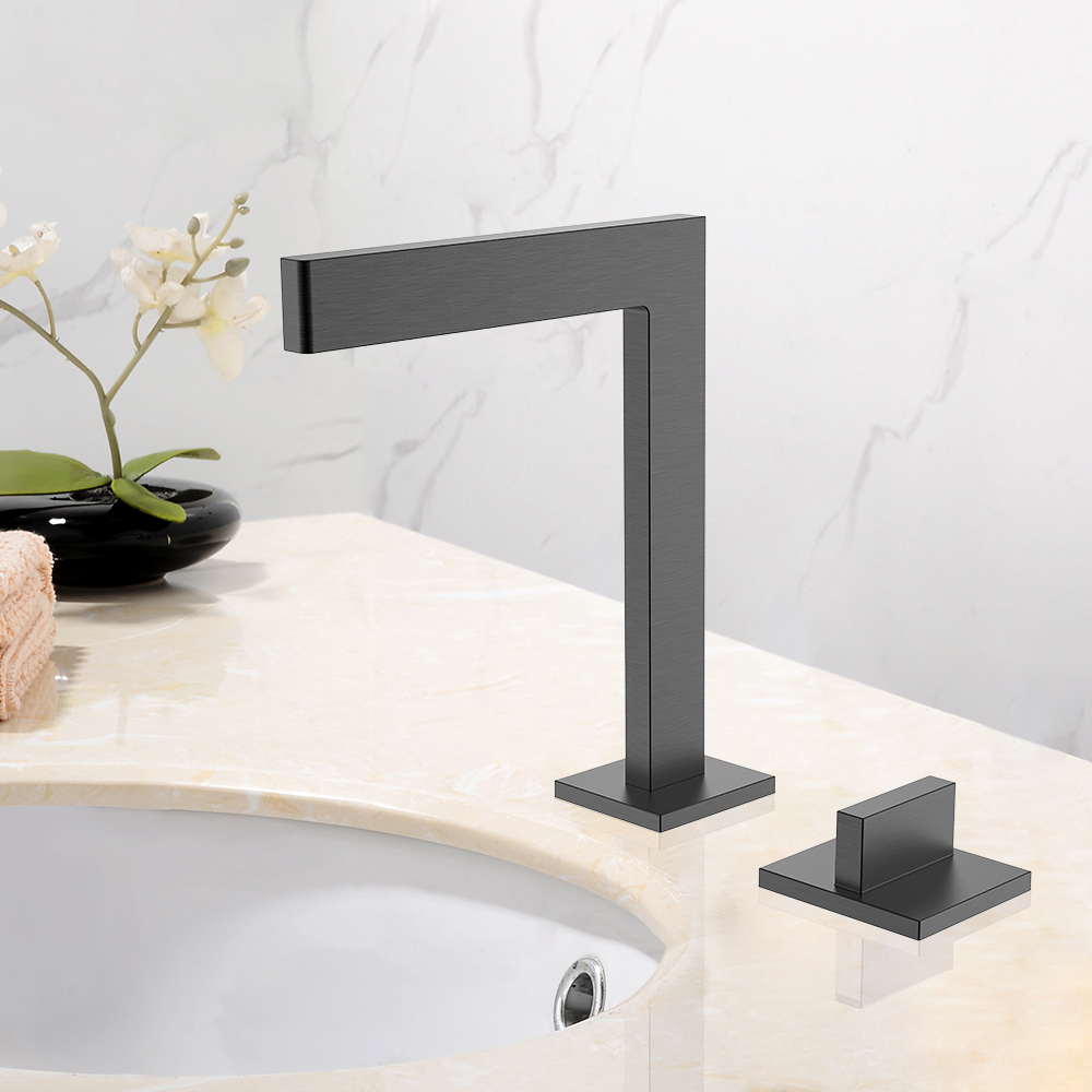 

Single Handle Geometric Bathroom Sink Faucet Widespread Brass Brushed Gunmetal, Gunmetal gray