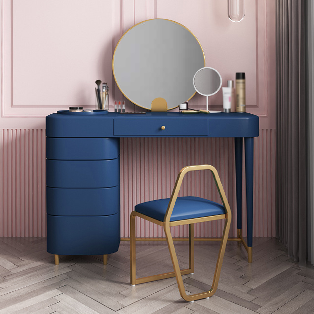 

Blue Wood and Metal Makeup Vanity Set with Mirror and Stool