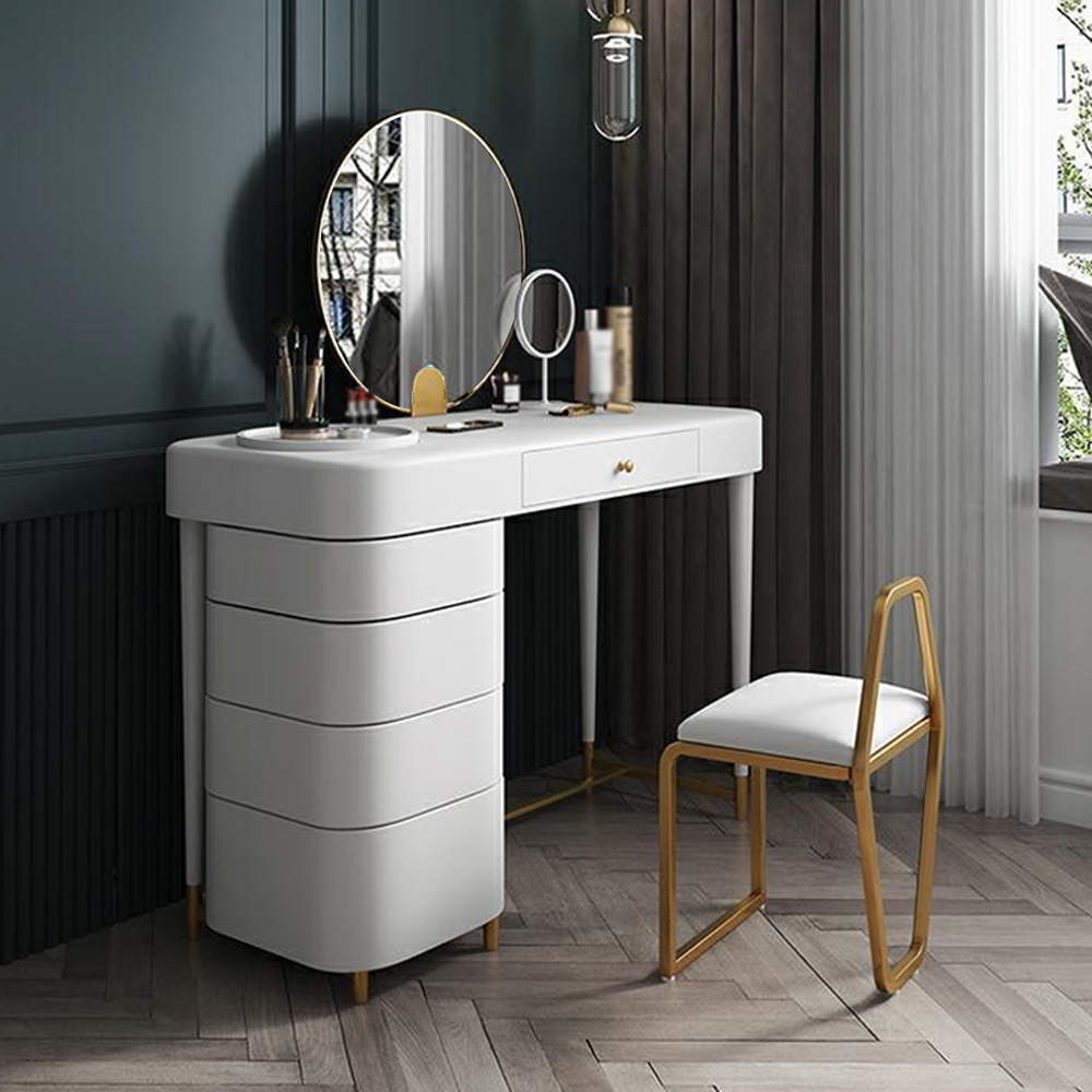 

White Wood and Metal Makeup Vanity Set with Mirror and Stool