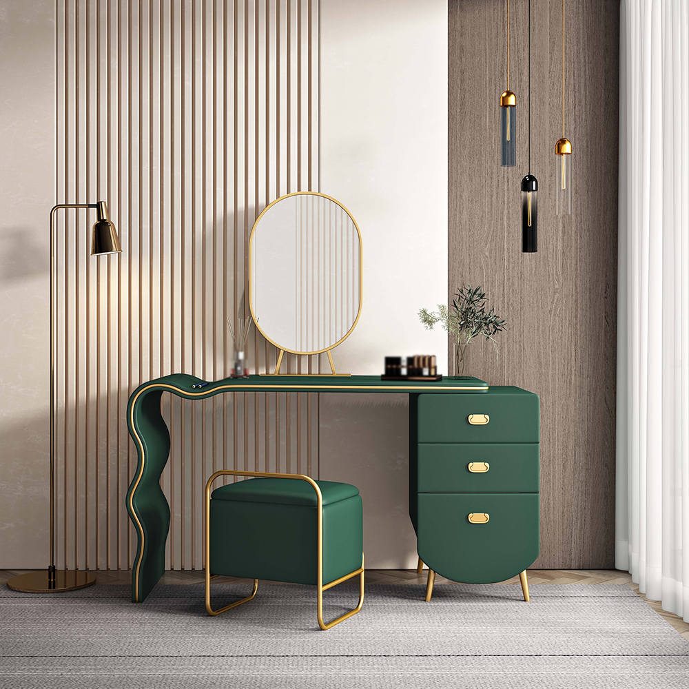 

Green Wood and Metal Makeup Vanity Set with Mirror and Stool