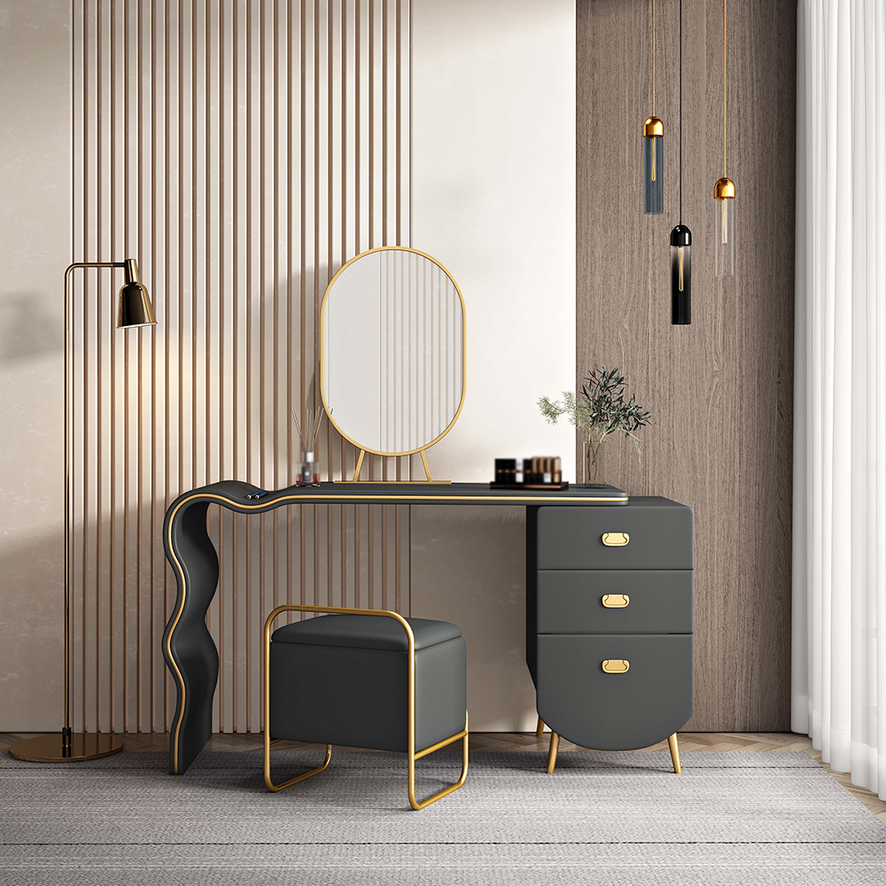 

Dark Gray Wood and Metal Makeup Vanity Set with Mirror and Stool