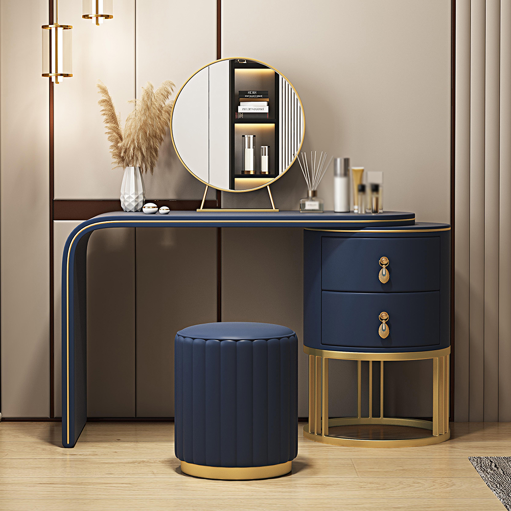 

Blue Faux Leather Makeup Vanity Set with Mirror and Stool