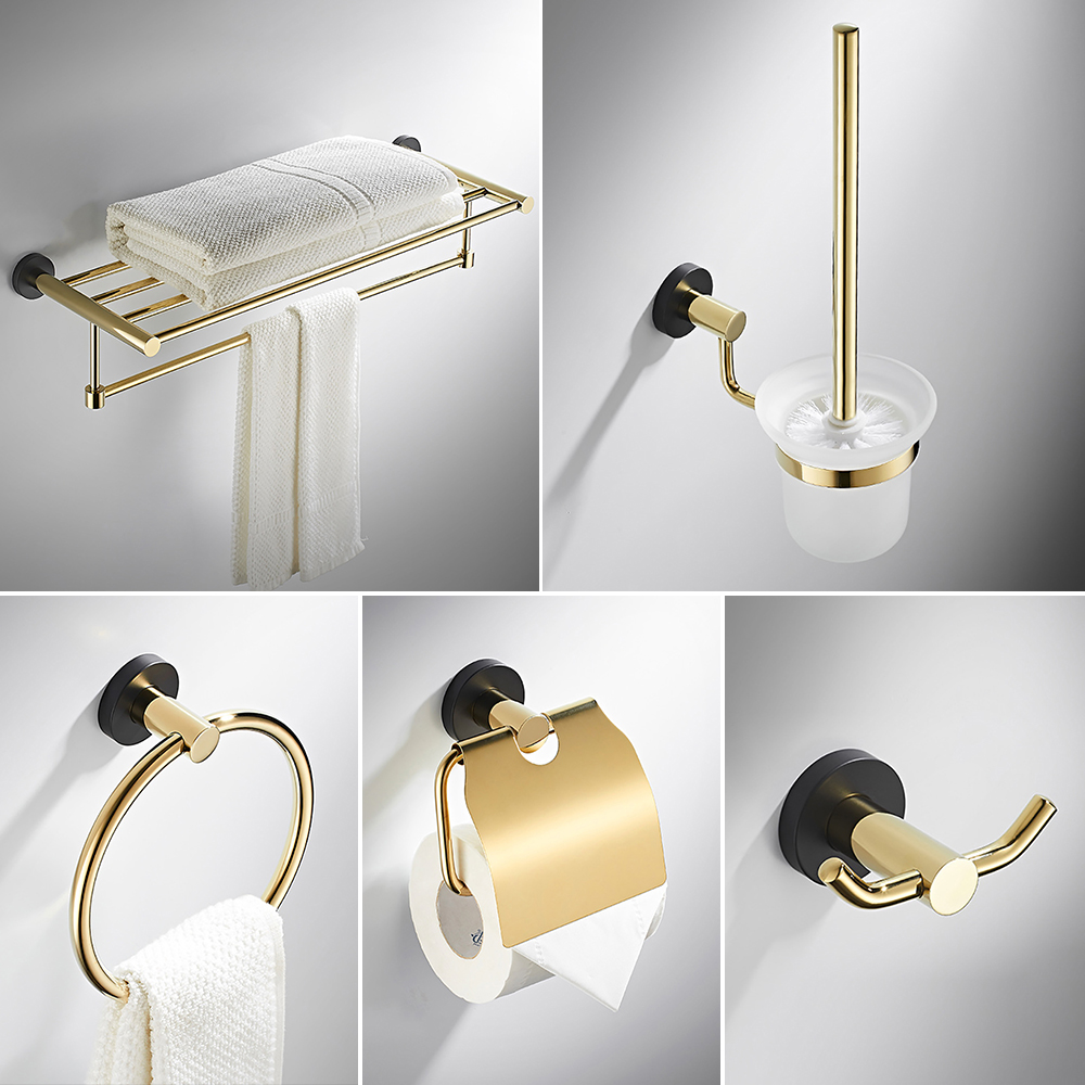 5 Pieces Wall Mounted Bathroom Hardware Set Bathroom Accessory Set In Gold & Black