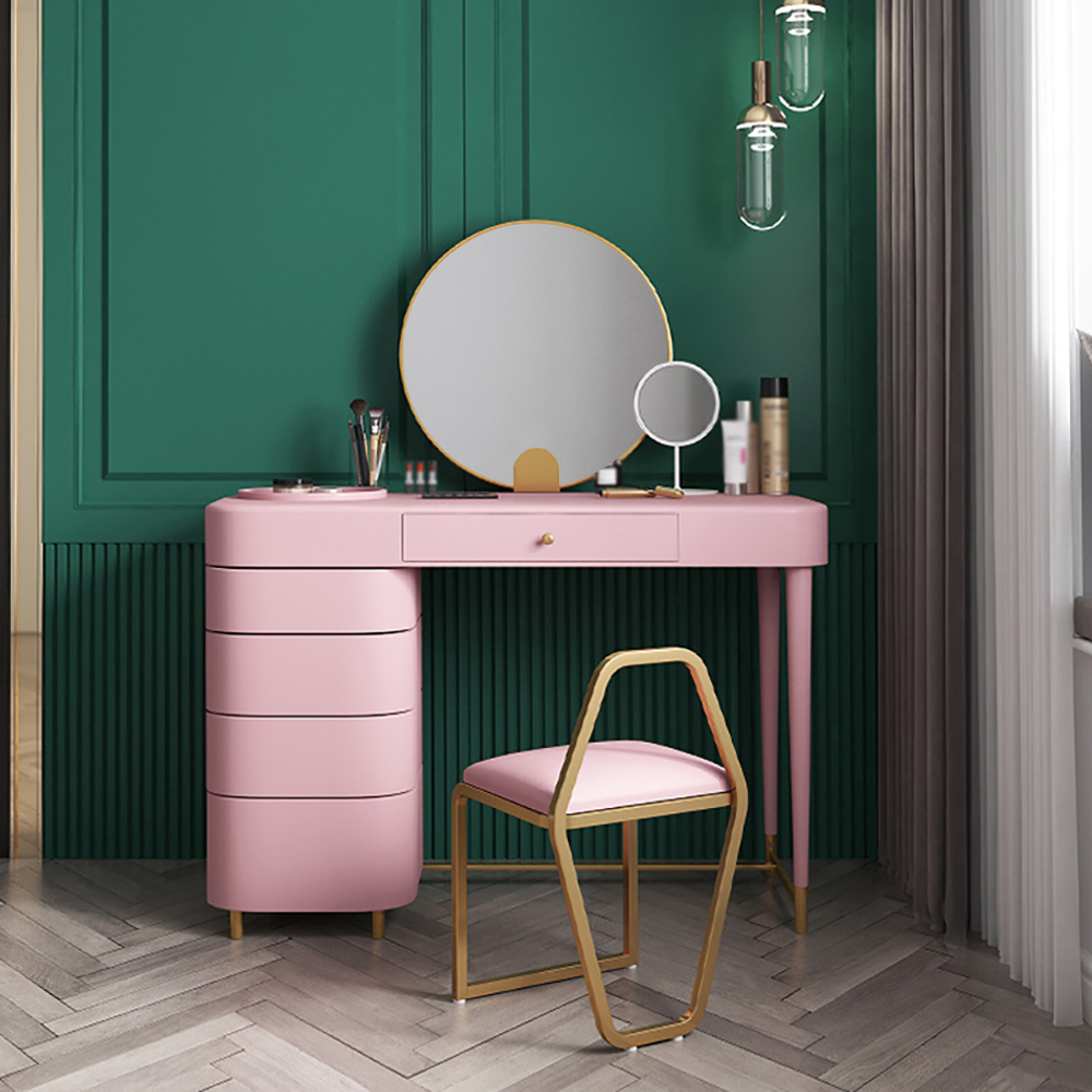 

Pink Wood and Metal Makeup Vanity Set with Mirror and Stool