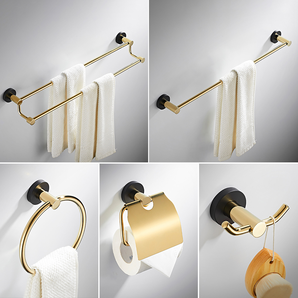 

5 Pieces Gold & Black Wall Mounted Bathroom Accessory Set Bathroom Hardware Set