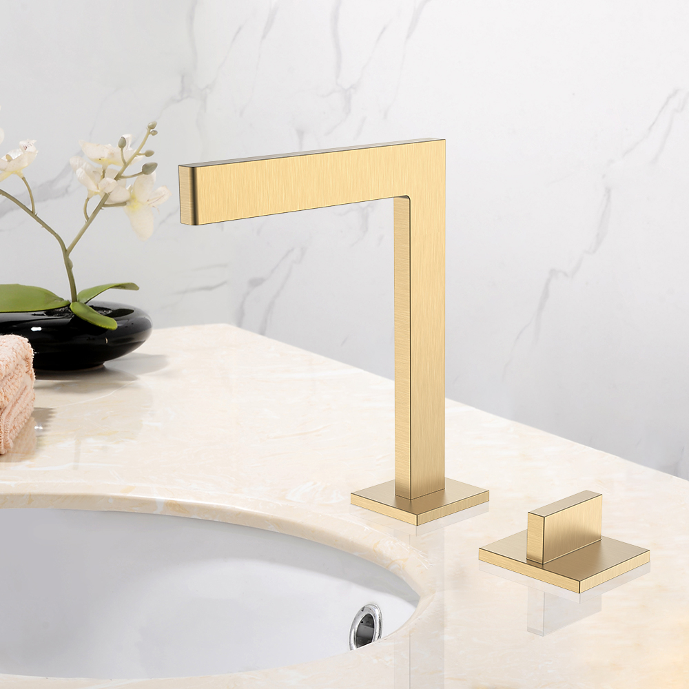 

Single Handle Geometric Bathroom Sink Faucet Widespread Brass Brushed Gold