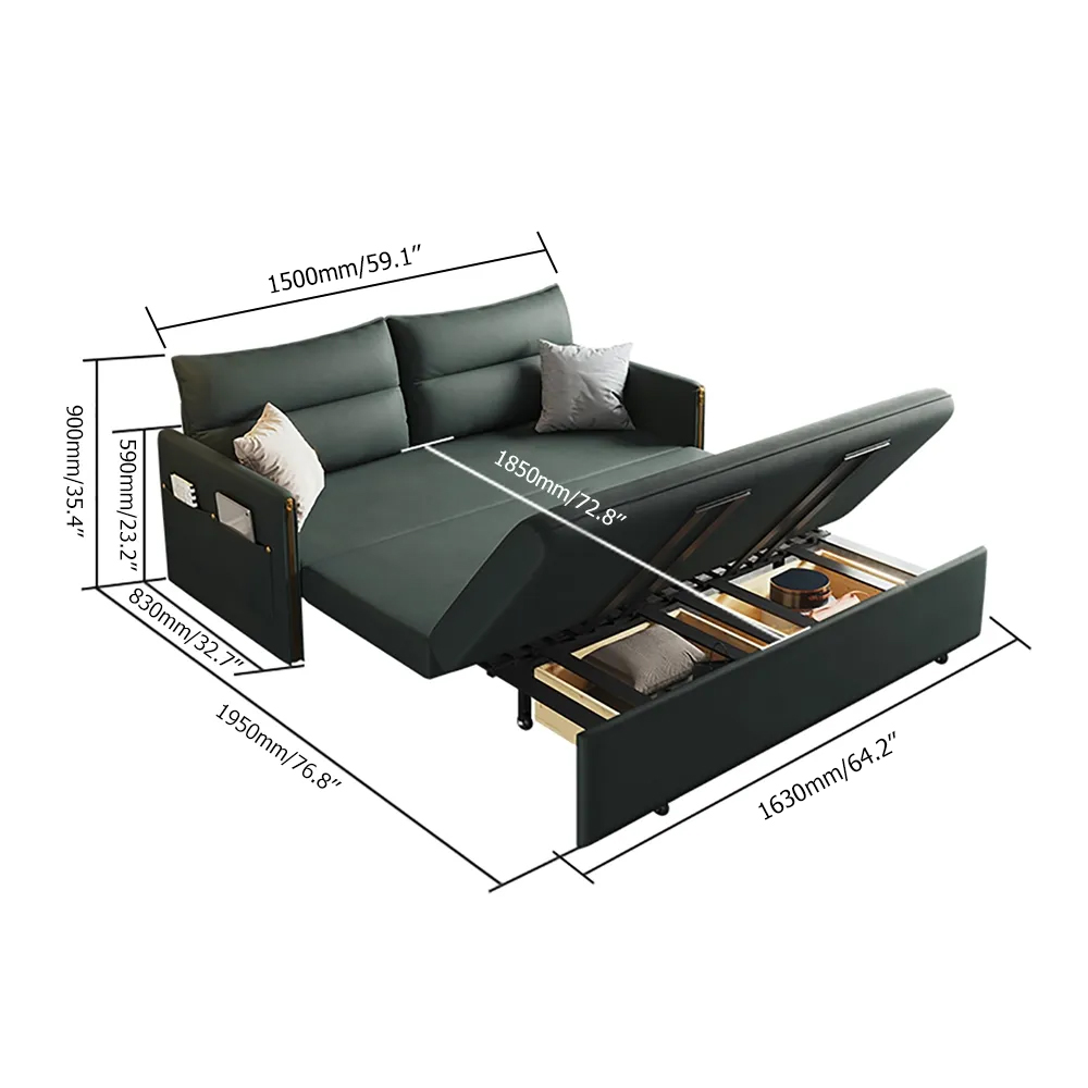 64" Sleeper Sofa Bed Convertible Sofa with Storage Leath-aire Upholstery in Green