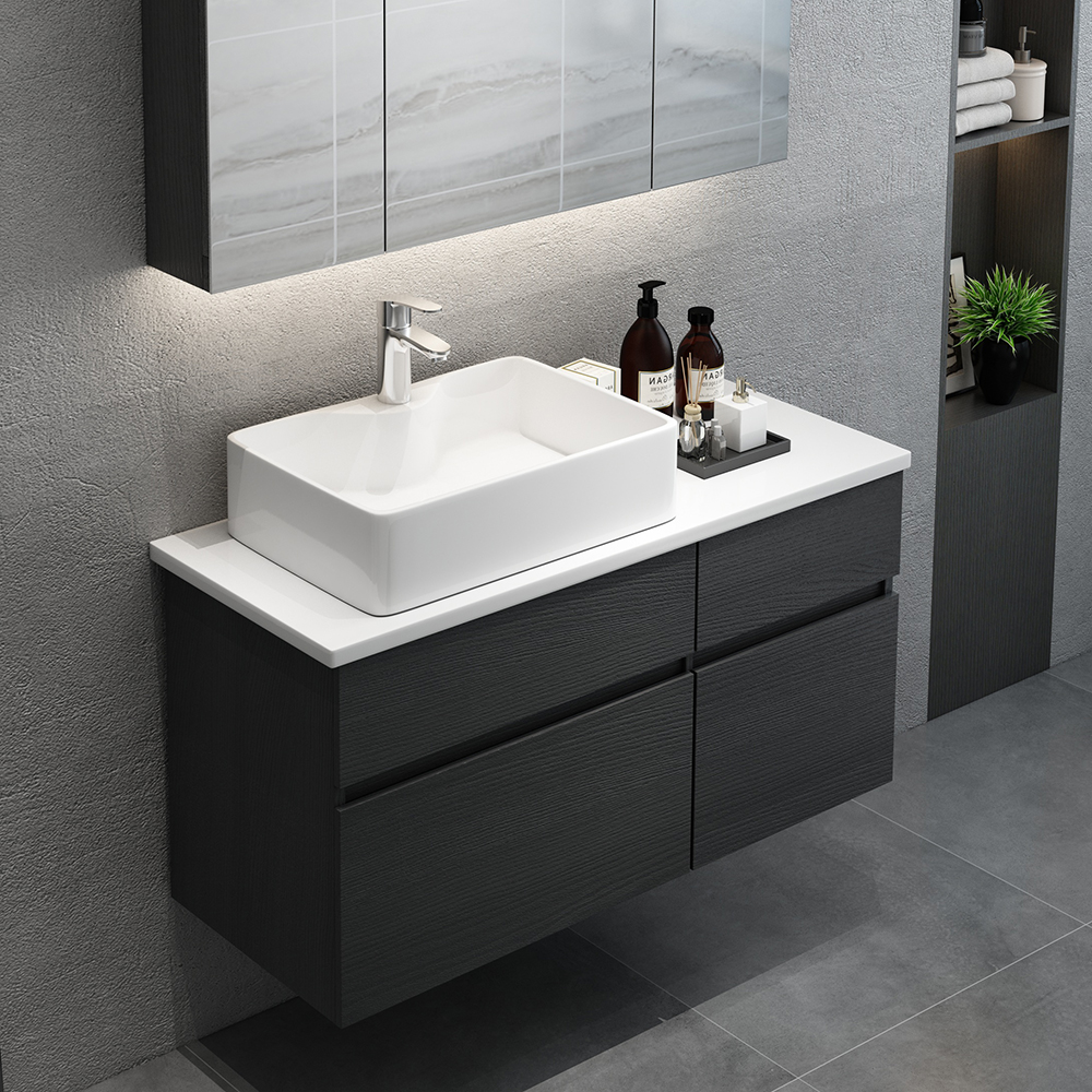 800mm Black & White Floating Bathroom Vanity Marble Top Ceramic Countertop Basin