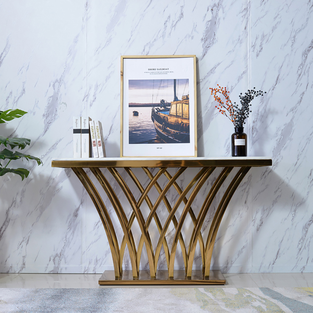 Modern Rectangular White Marble Console Table with Brushed Stainless Steel BaseHomary