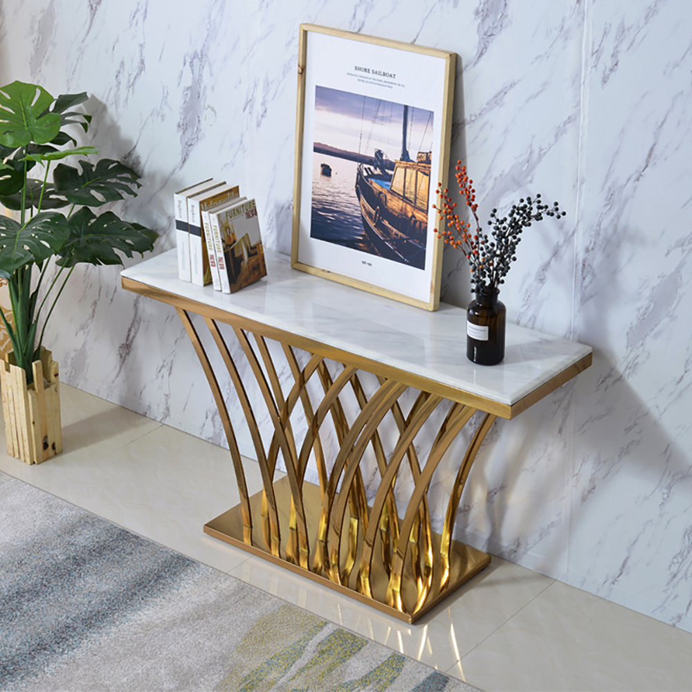 Modern Rectangular White Marble Console Table With Brushed Stainless Steel Base