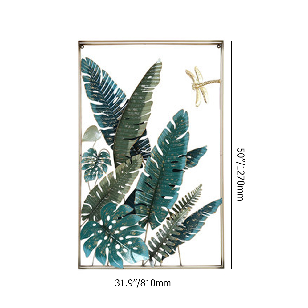 Farmhouse Hollow-Out Green Leaves Wall Decor with Rectangle Frame & Gold Leaf