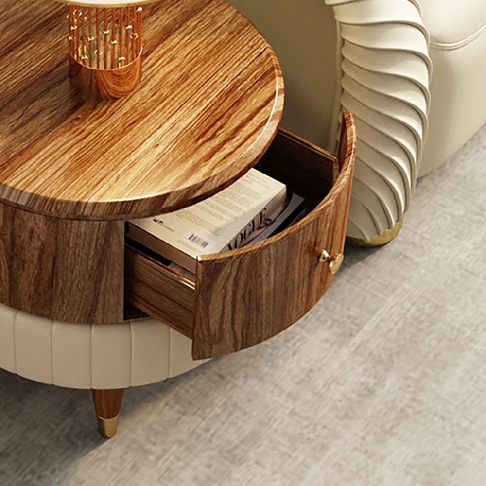 Round Wood End Table with Drawer PU Leather Upholstered Side Table