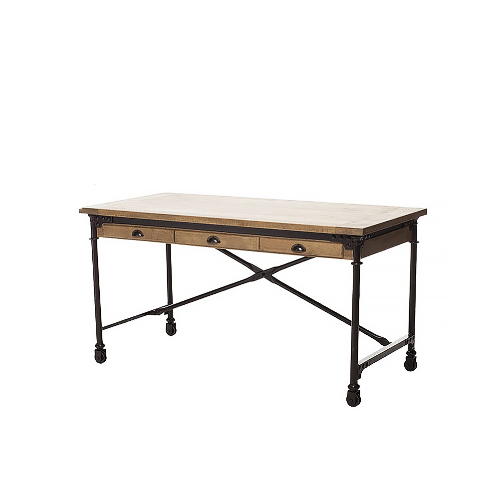 1200mm Retro Industrial Rolling Desk Pine Wood Mobile Office Desk with