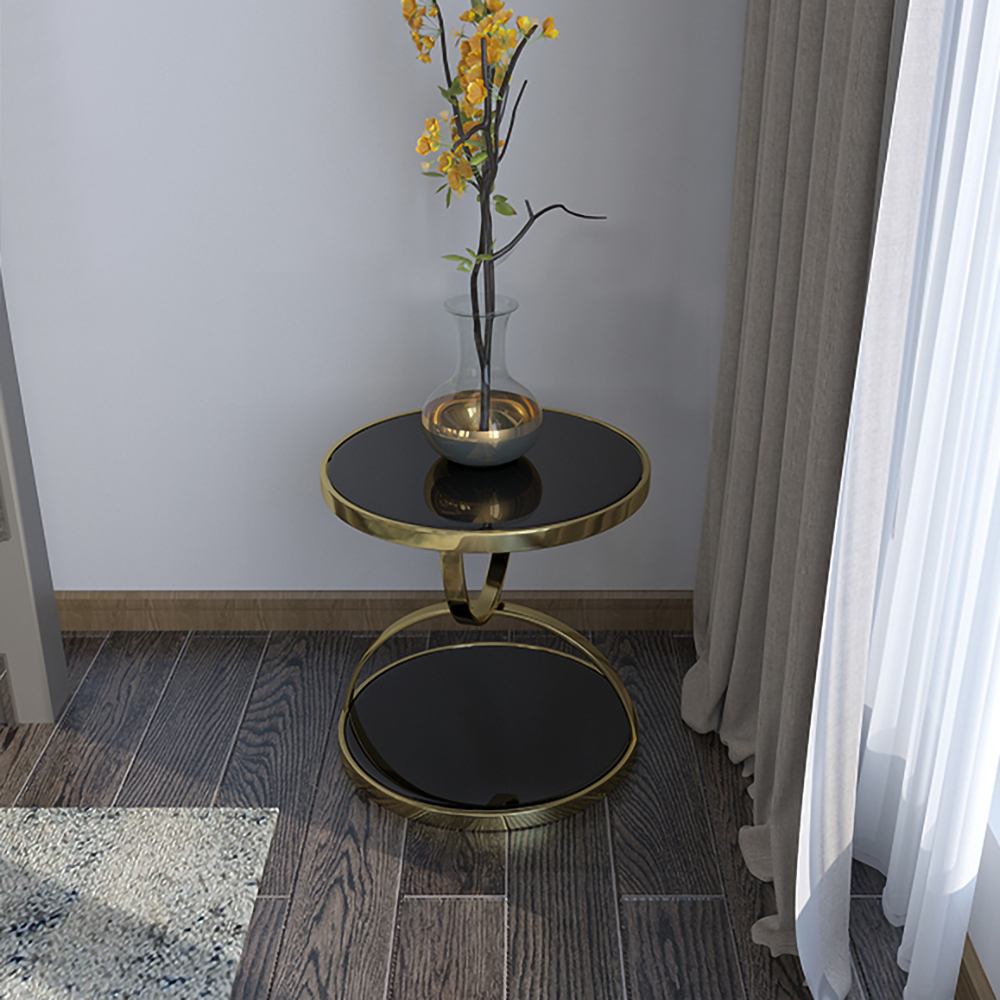Black Round Side Table Tempered Glass with Storage End Table in Gold
