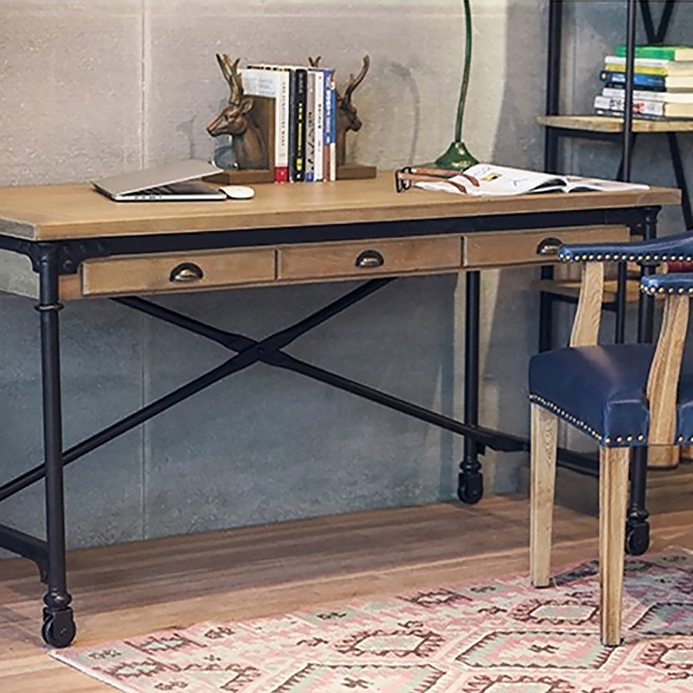 1200mm Retro Industrial Rolling Desk Pine Wood Mobile Office Desk with 3 Drawers