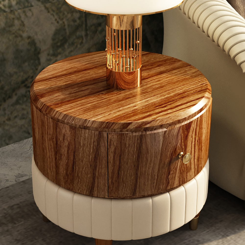 Round Wood End Table with Drawer PU Leather Upholstered Side Table