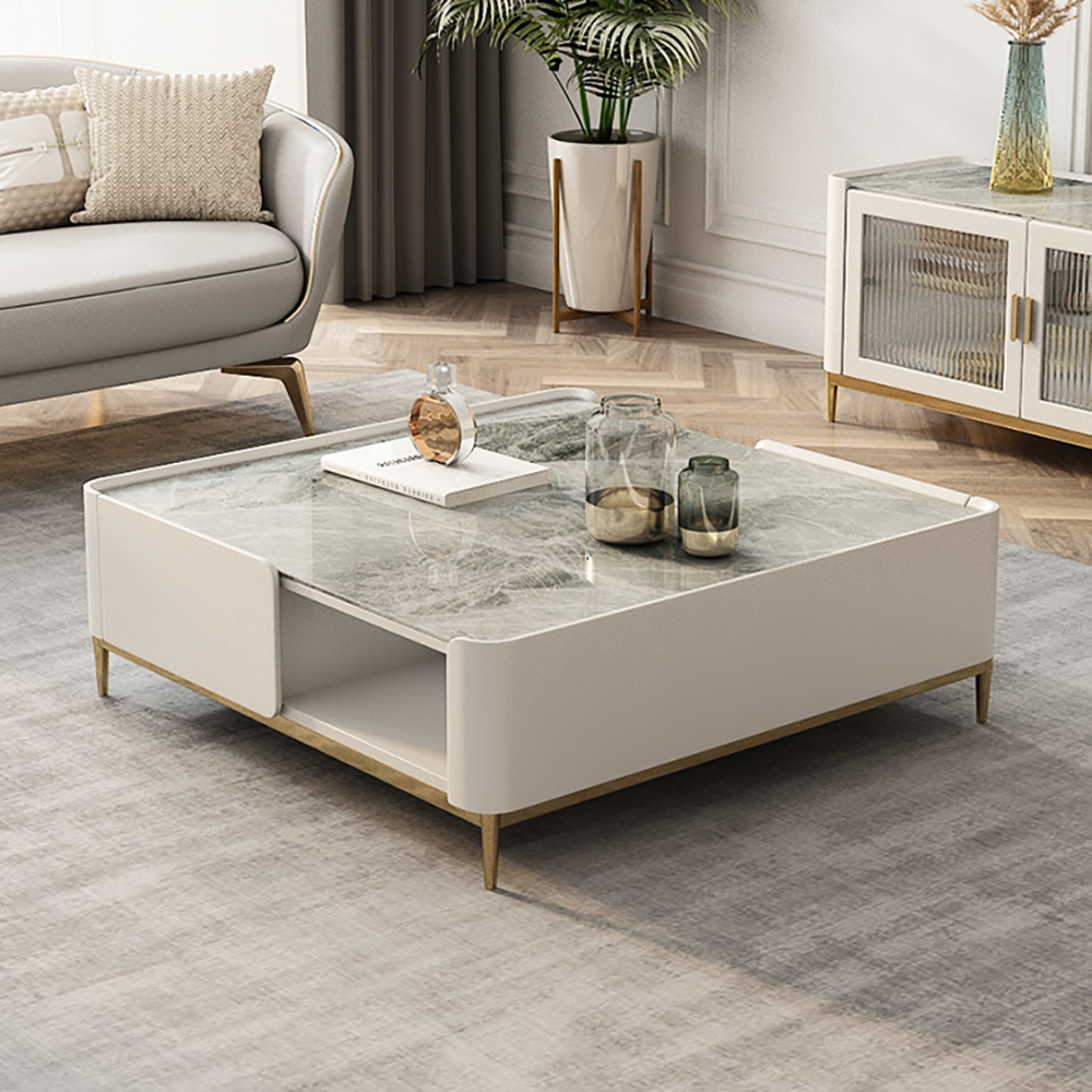 

39.4" Square Coffee Table Low Height Stone Top with 2 Drawers
