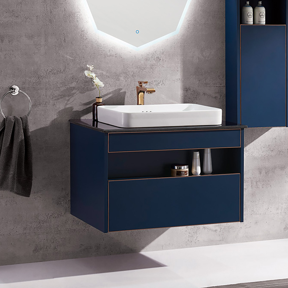

Modern Blue Floating Bathroom Vanity Marble Top Ceramics Vessel with 1 Drawer