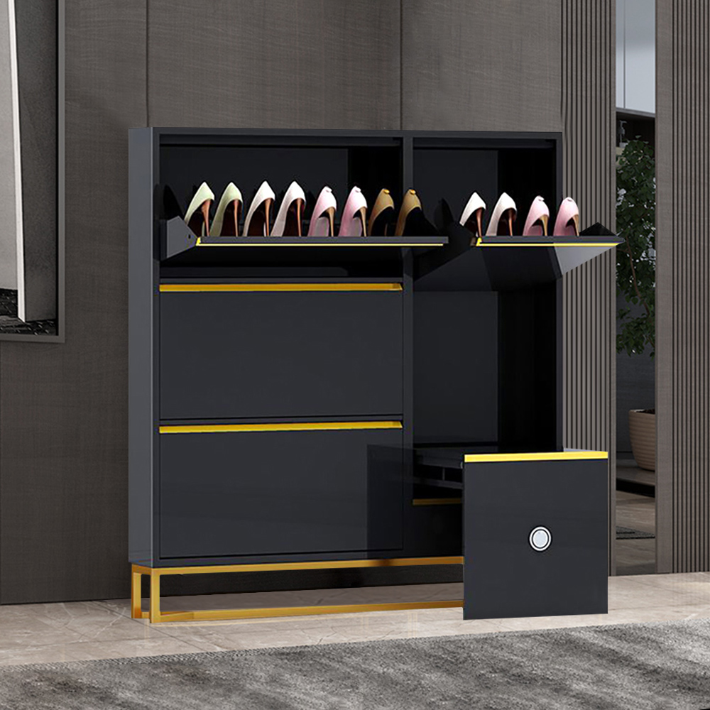 

Black Narrow Shoe Storage Cabinet with Bench 14-Pair 5.9"D Freestanding