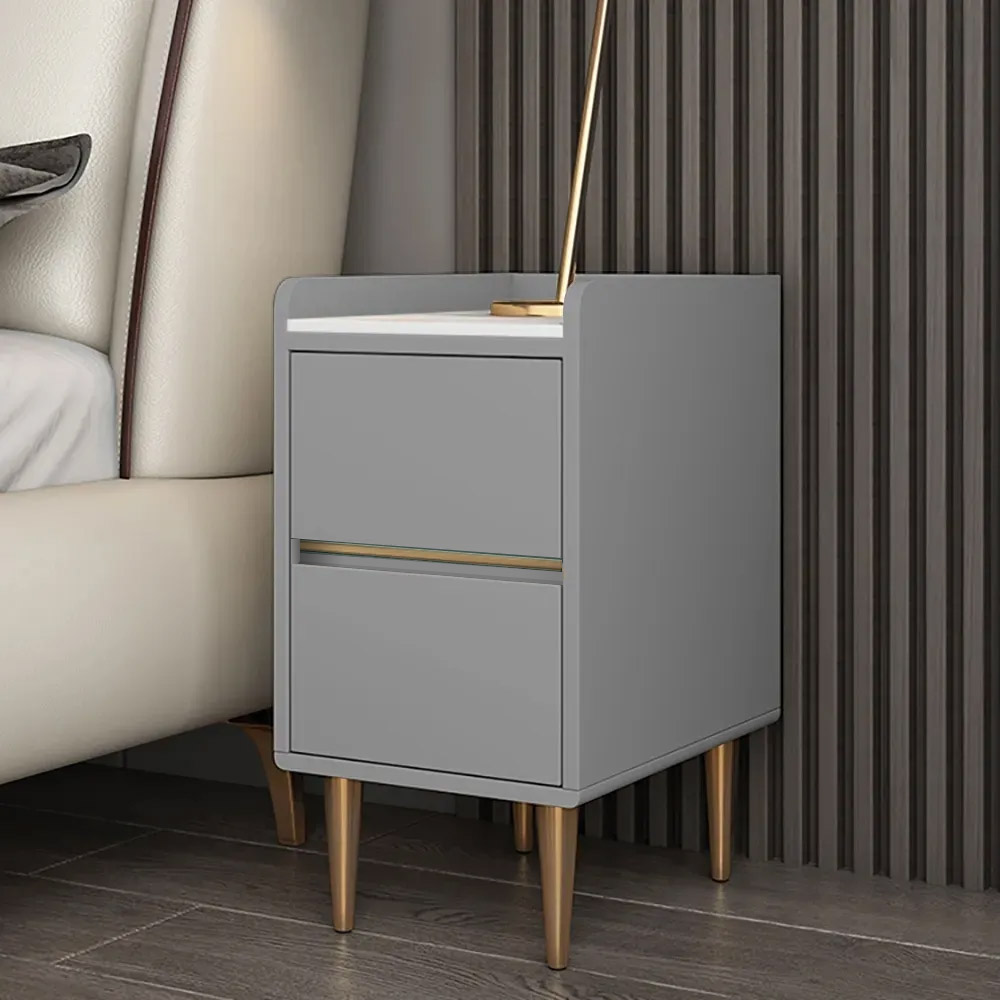 

Italian Gray Nightstand Stone Top with 2 Drawers in Gold