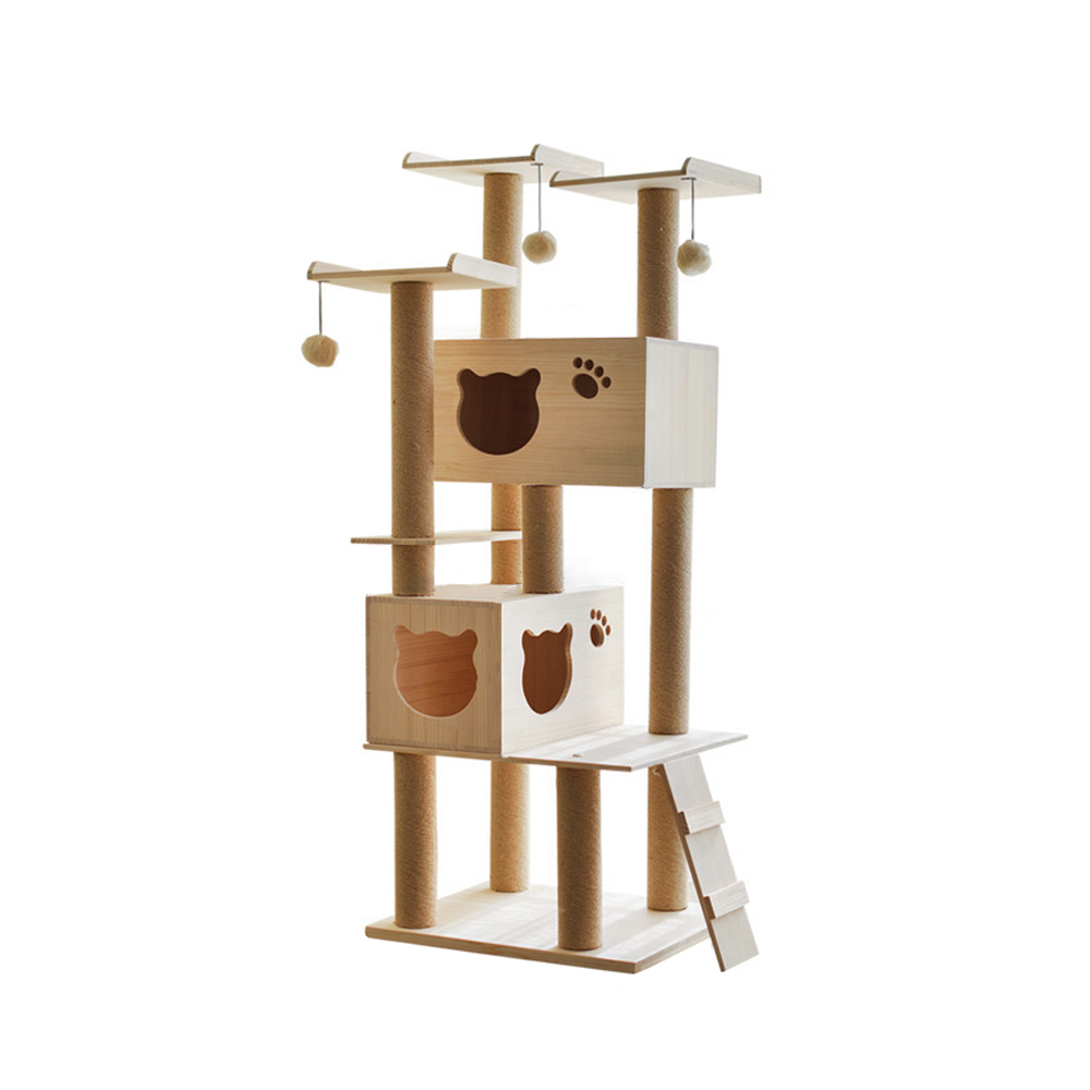 61" Solid Wood Cat Tree Condo Multiple Tiers Cat House & Step with Teasing Toy