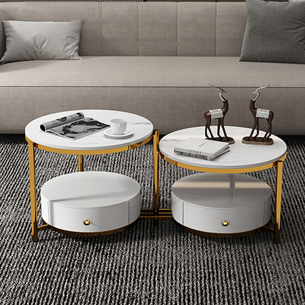 

23.6”Dia Round Coffee Table Faux Marble Top & Metal Frame with 2 Drawers in White