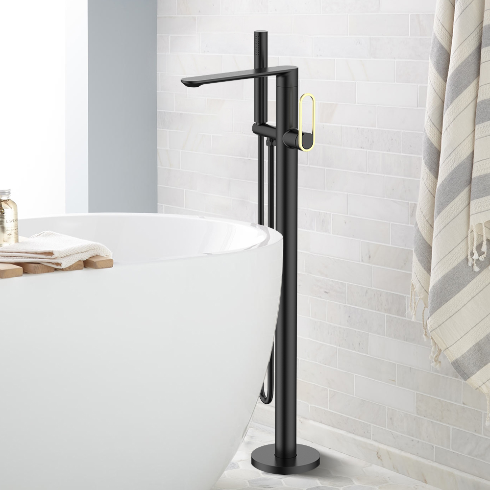 

Single Hollow Out Handle Freestanding Bathtub Faucet with Handheld Shower