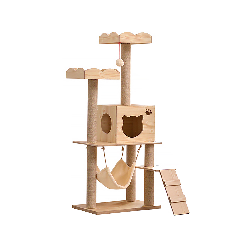 1350mm Solid Wood Cat Tree Condo Multiple Tiers Cat House & Step with Teasing Toy