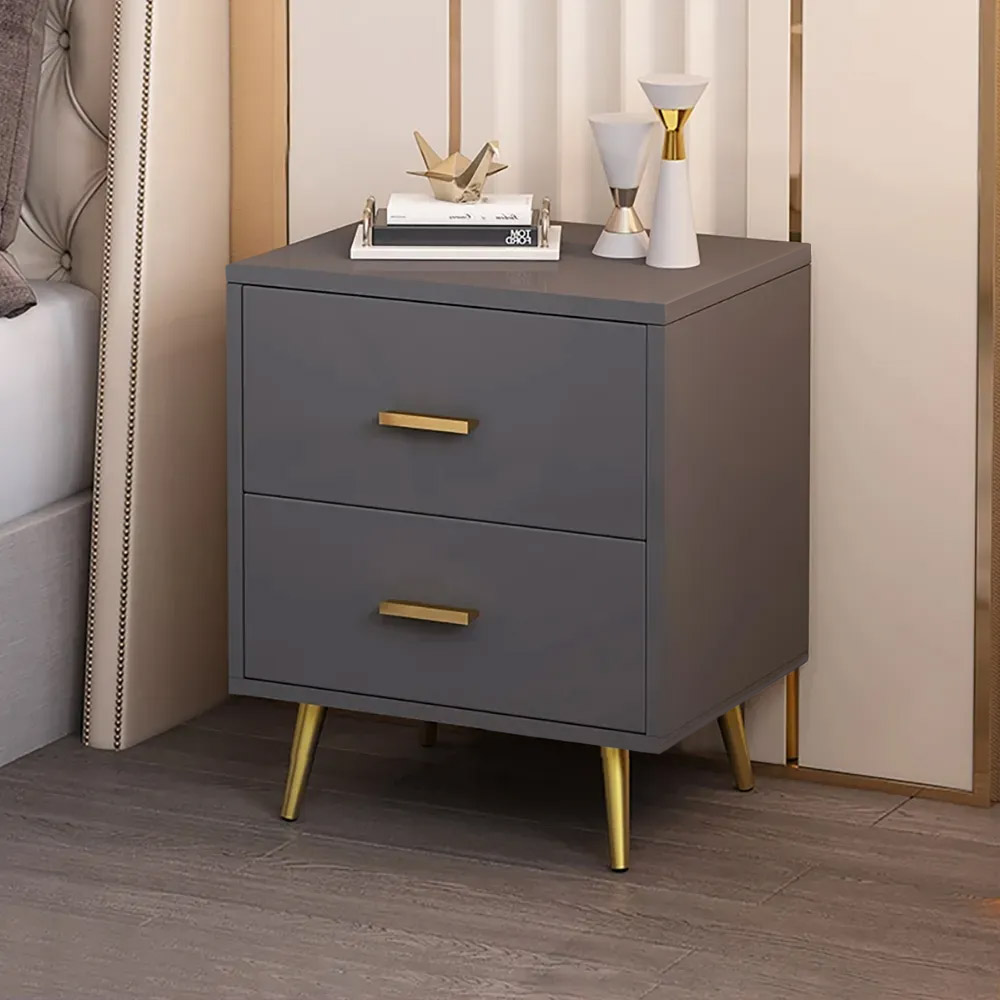 Modern Wood Nightstand with Gold Legs 2-Drawer Bedside Table in Gray