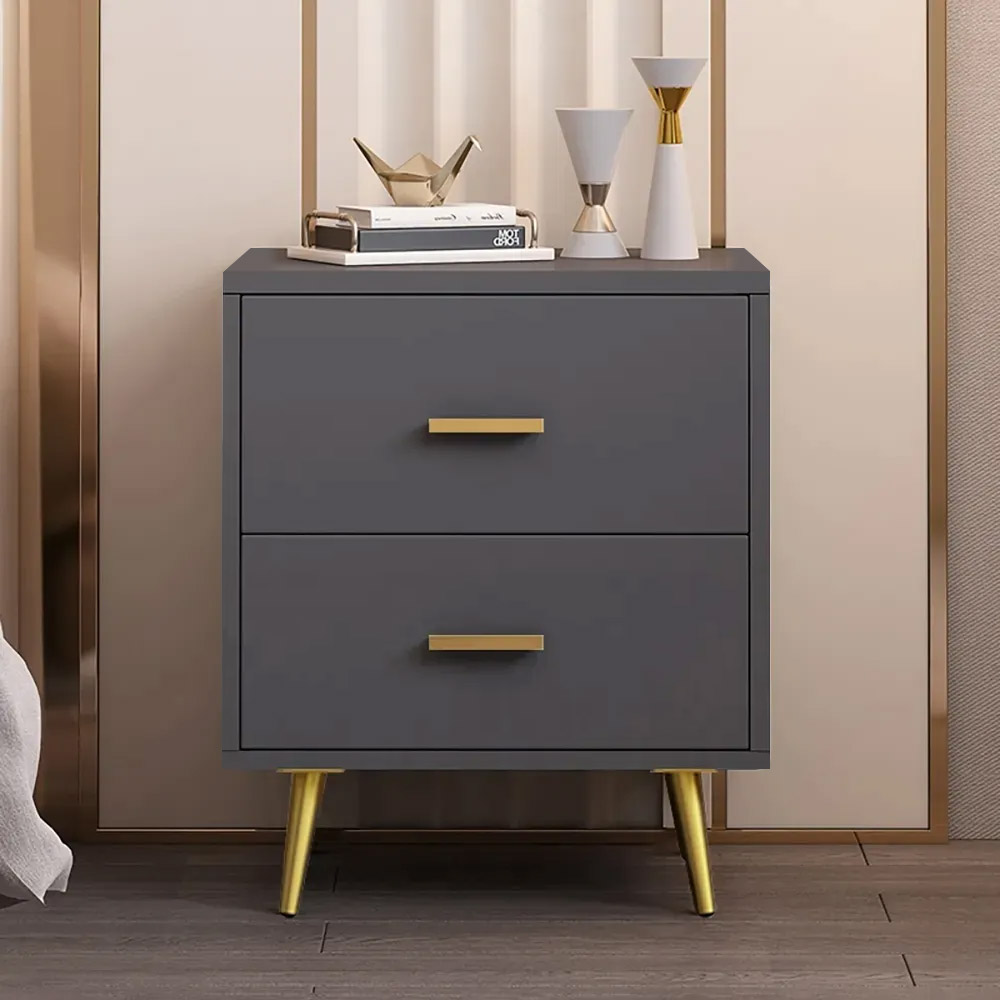 Modern Wood Bedside Table with Gold Legs 2-Drawer Nightstand in Grey