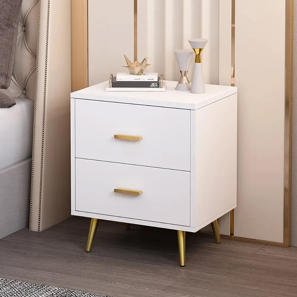 Modern Wood Bedside Table with Gold Legs 2-Drawer Nightstand in White