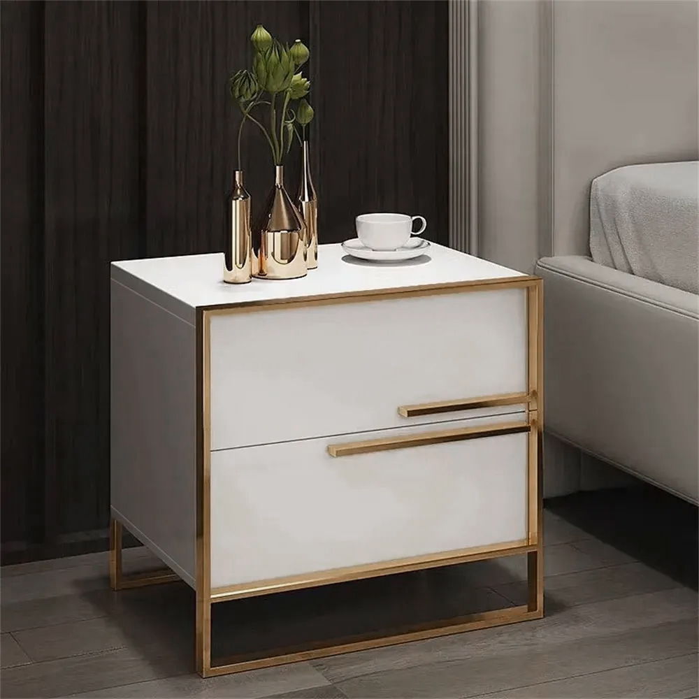 2-Drawer White Bedside Table Minimalist Design in Gold